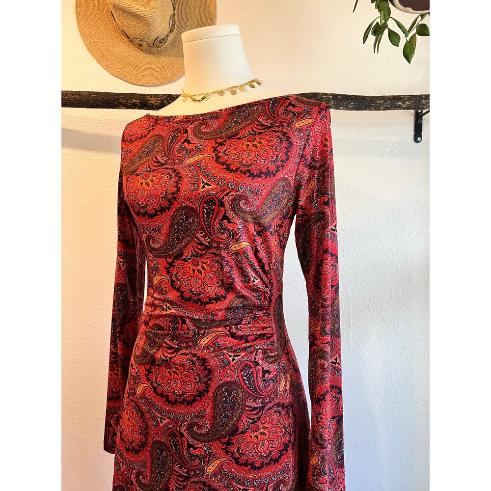 Papillon Blanc Cananda Made Long Sleeve Paisley Mod Print Silky Dress Size Small